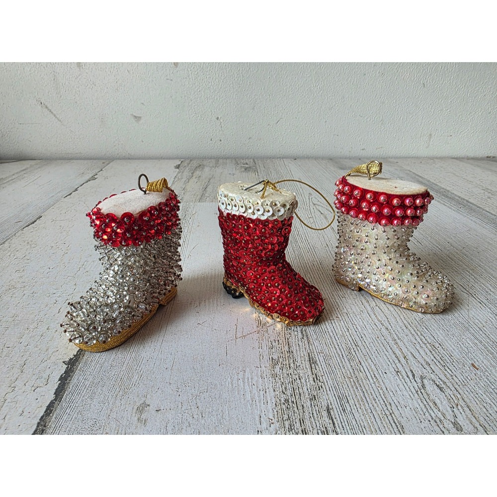 Vintage pushpin Santa boot shoe sequin ornament pearls Xmas tree